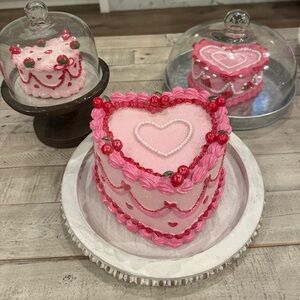 New! Set of 3 Heart Cakes pink red & white icing